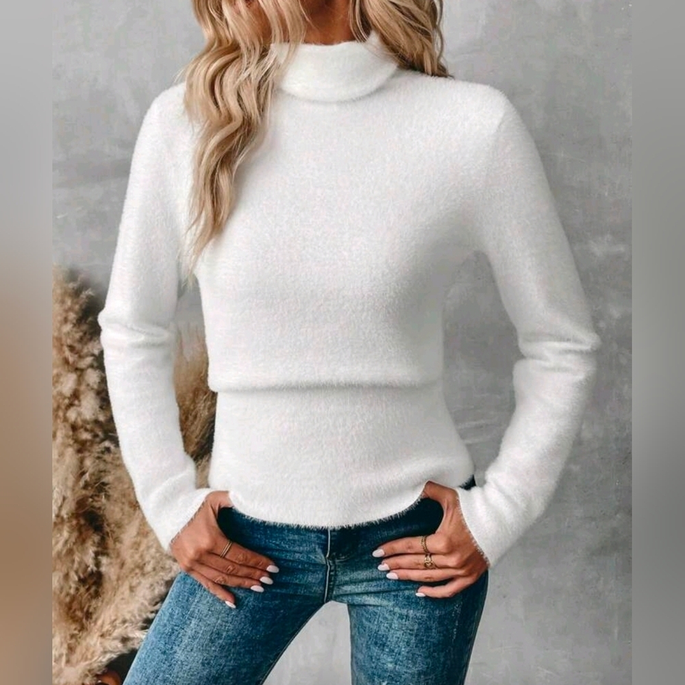 New Fluffy Blouson Turtleneck Knit Sweater Top Banded Waist Long Sleeve White